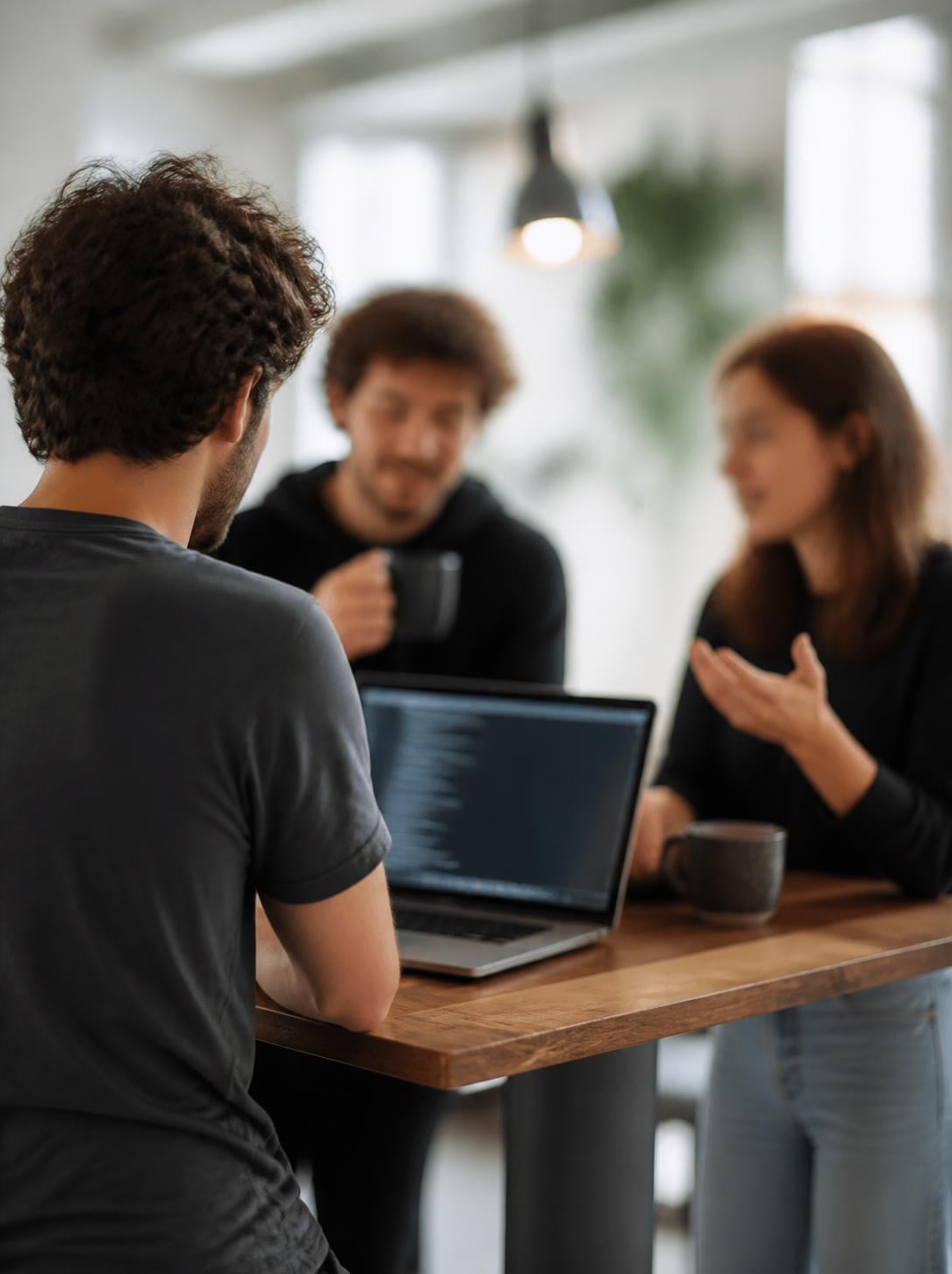 Entwickler am Laptop mit Code, gegenüber zwei Kolleg:innen mit Kaffeetassen im Gespräch an einem Stehtisch